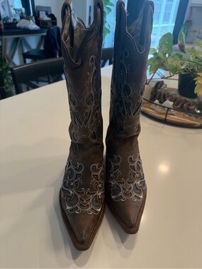 J.B. Dillon Brown Leather Embroidered Western Heeled Boots